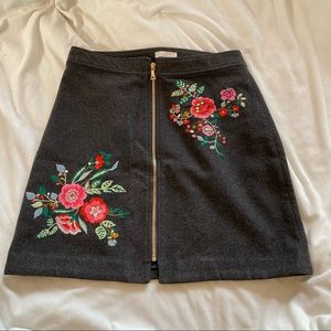 Loft Floral Embroided Mini Skirt Wool Blend Full Gold Zippered Front Sz 6 Fall